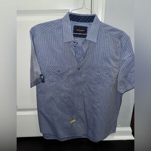 Johnston & Murphy Short-Sleeve Blue Patterned Button-Down Shirt